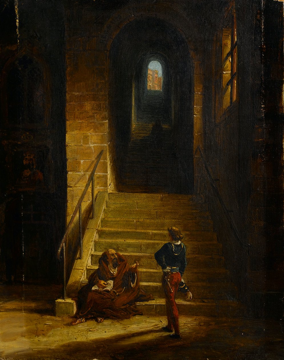Interiér hradu, se sedícím mnichem, kolem roku 1850 (olej na plátně) od British School