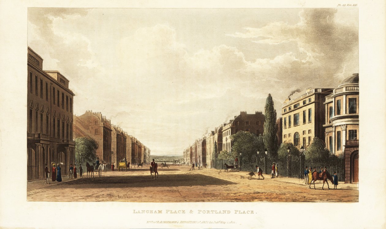 Langham Place a Portland Place, severní pokračování Regent Street (A4201 Road), Londýn od British School
