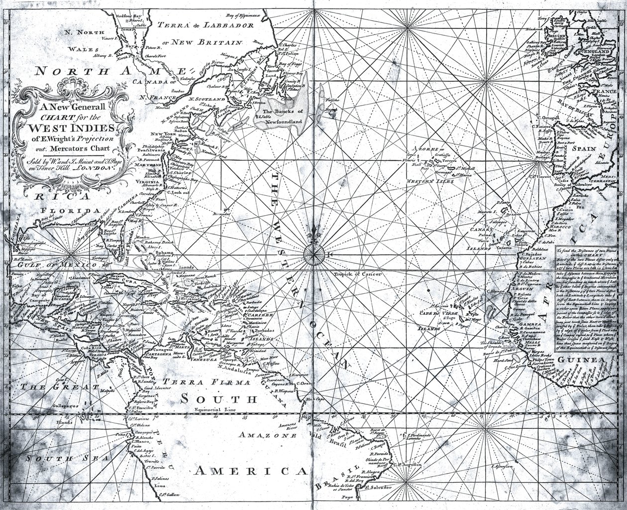 Mapa severního Atlantiku podle Mount and Page od British School