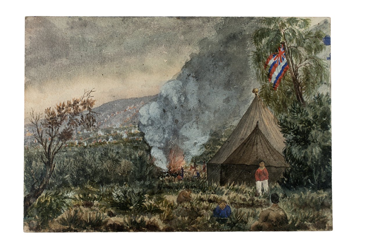 Sopka Mauna Kea, Havaj, březen 1859 (akvarel na papíře) od British School