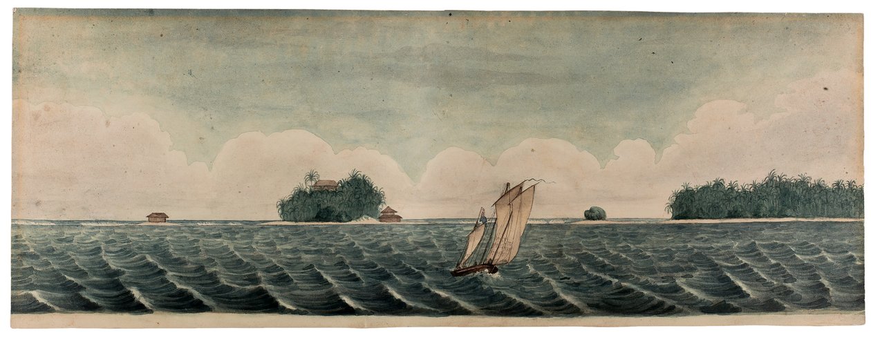 Rezidence pana Harea na Kokosových nebo Keelingsových ostrovech, kolem roku 1830 (akvarel na papíře) od British School