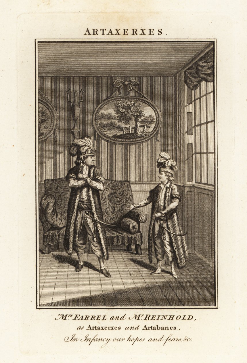 Paní Margaret Farrel a pan Charles Frederick Reinhold v perském kostýmu jako Artaxerxes a Artabanes v opeře Thomase Arna Artaxerxes od British School