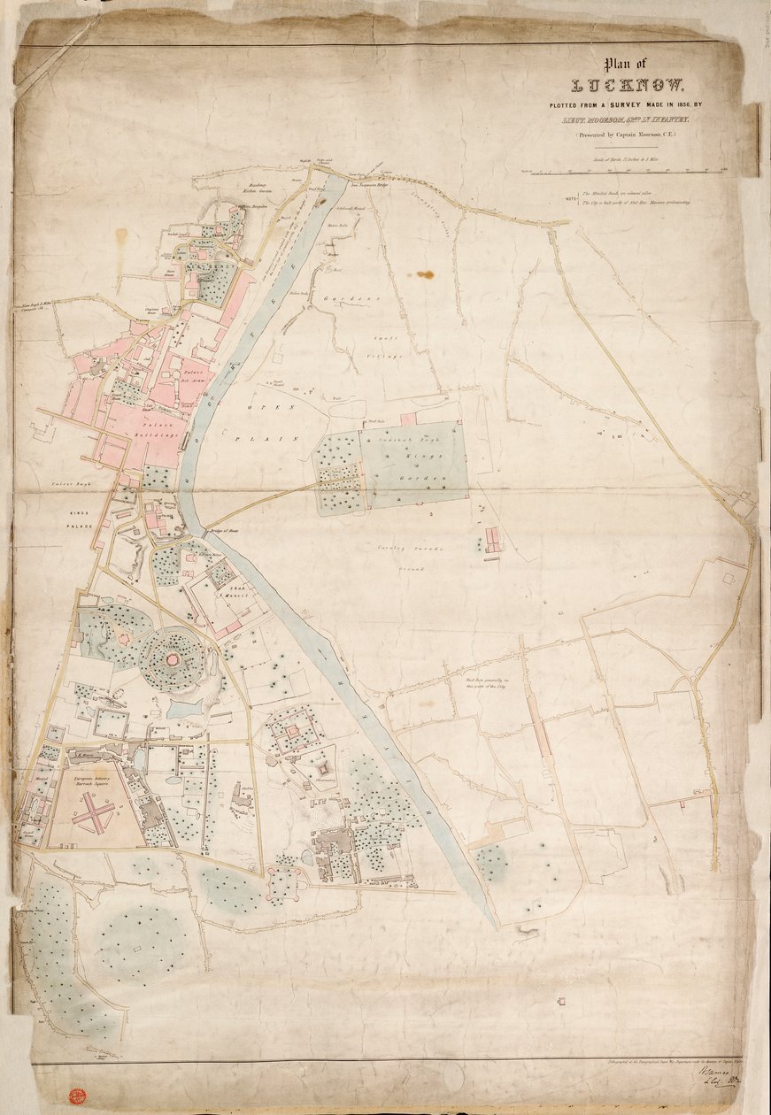 Plán města Lucknow, sestavený na základě průzkumu provedeného v roce 1856 poručíkem Moorsomem, 52. pluk. Pěchota. (Předložil kapitán Moorsom, C.E.), cca 1856 (hedvábí, papír) od British School