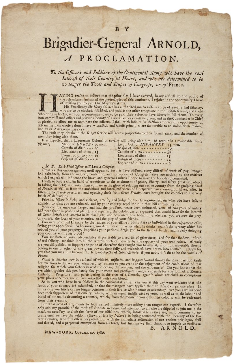 Provolání důstojníkům a vojákům kontinentální armády, 20. října 1780 od British School