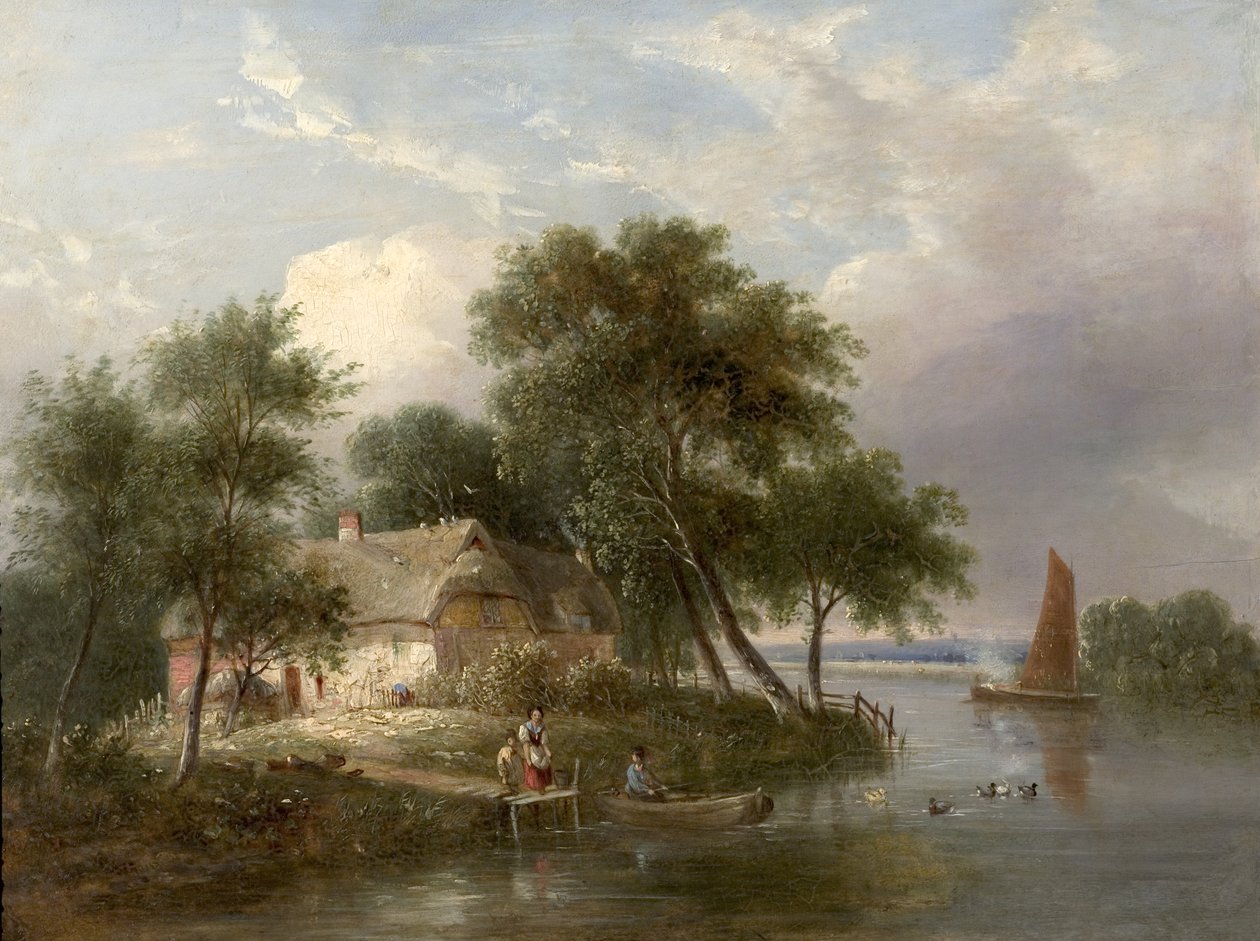 River Scene (chata a stromy) (olej na dřevě) od British School