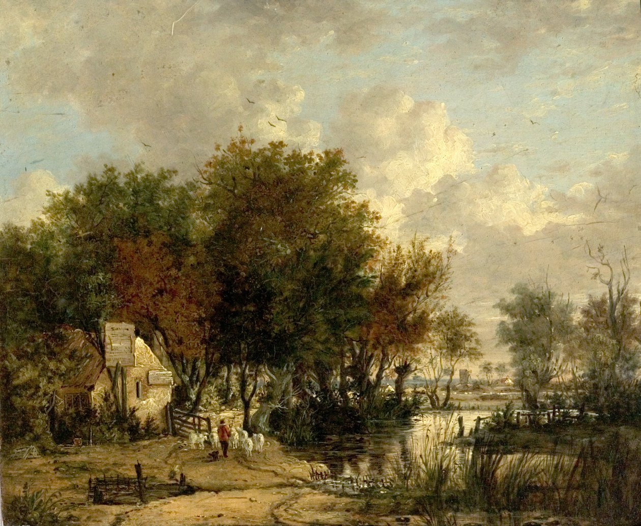 River Scene, Chlapec řídí ovce (olej na dřevě) od British School
