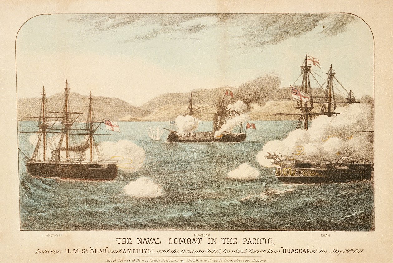 Námořní bitva v Tichomoří mezi HMS "Shah" a "Amethyst" a peruánským rebelem, Ironclad Turret Ram Huascar u Ilo, 29. května 1877 od British School