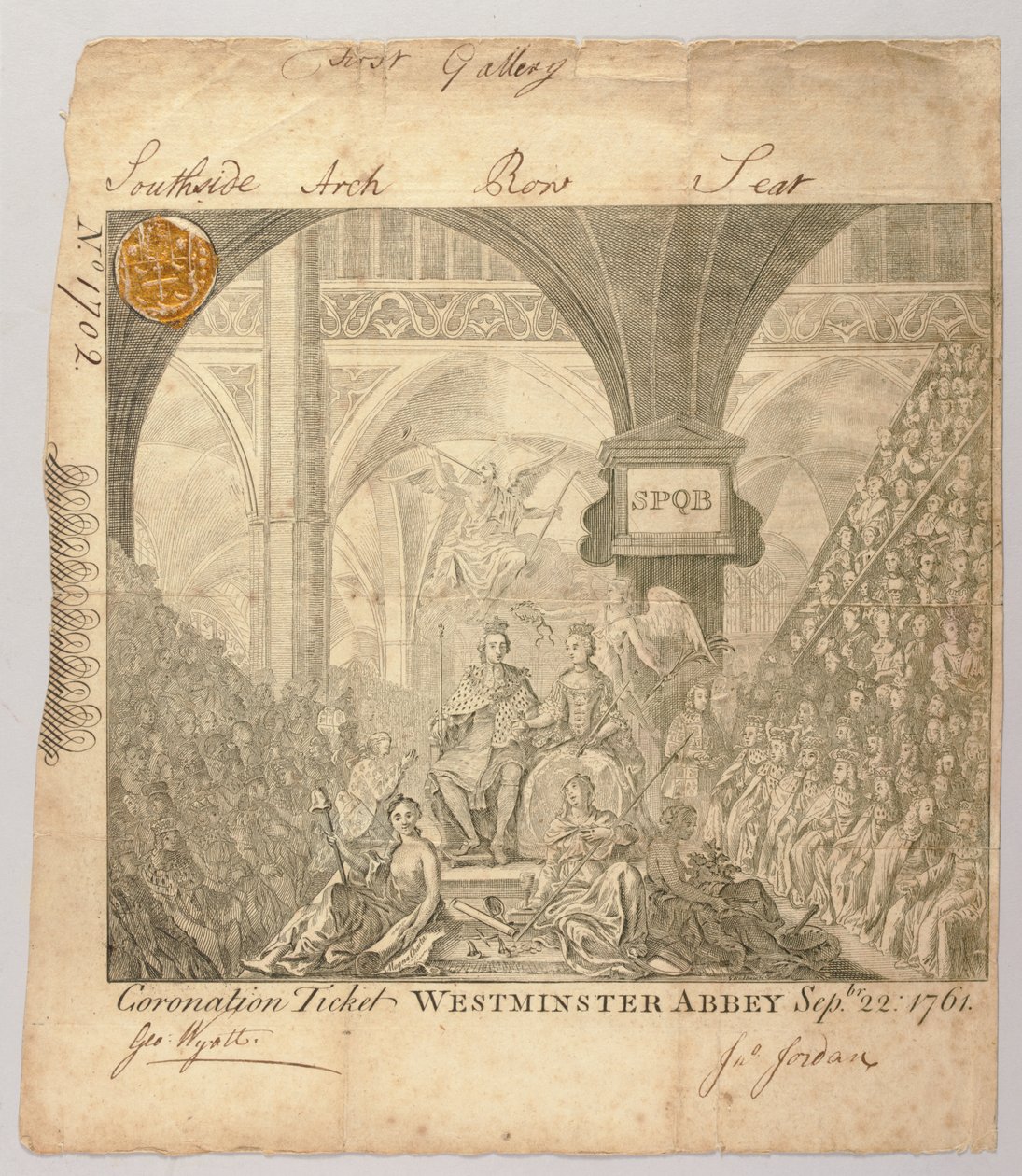 Vstupenka na korunovační ceremonii Jiřího III. ve Westminsterském opatství, rytina George Bickhama, 22. září 1761 (rytina) od British School