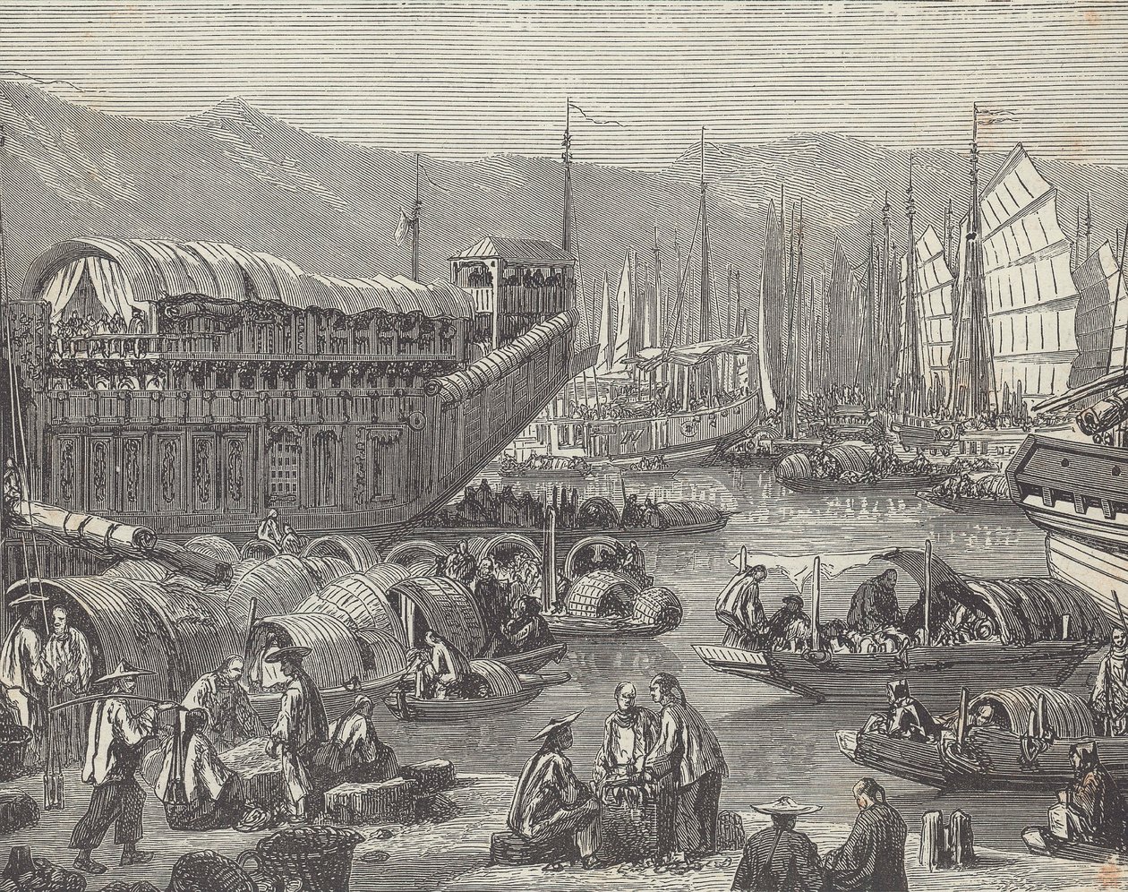 Plavidla v rušném přístavu, Šanghaj, Čína (rytina) od British School
