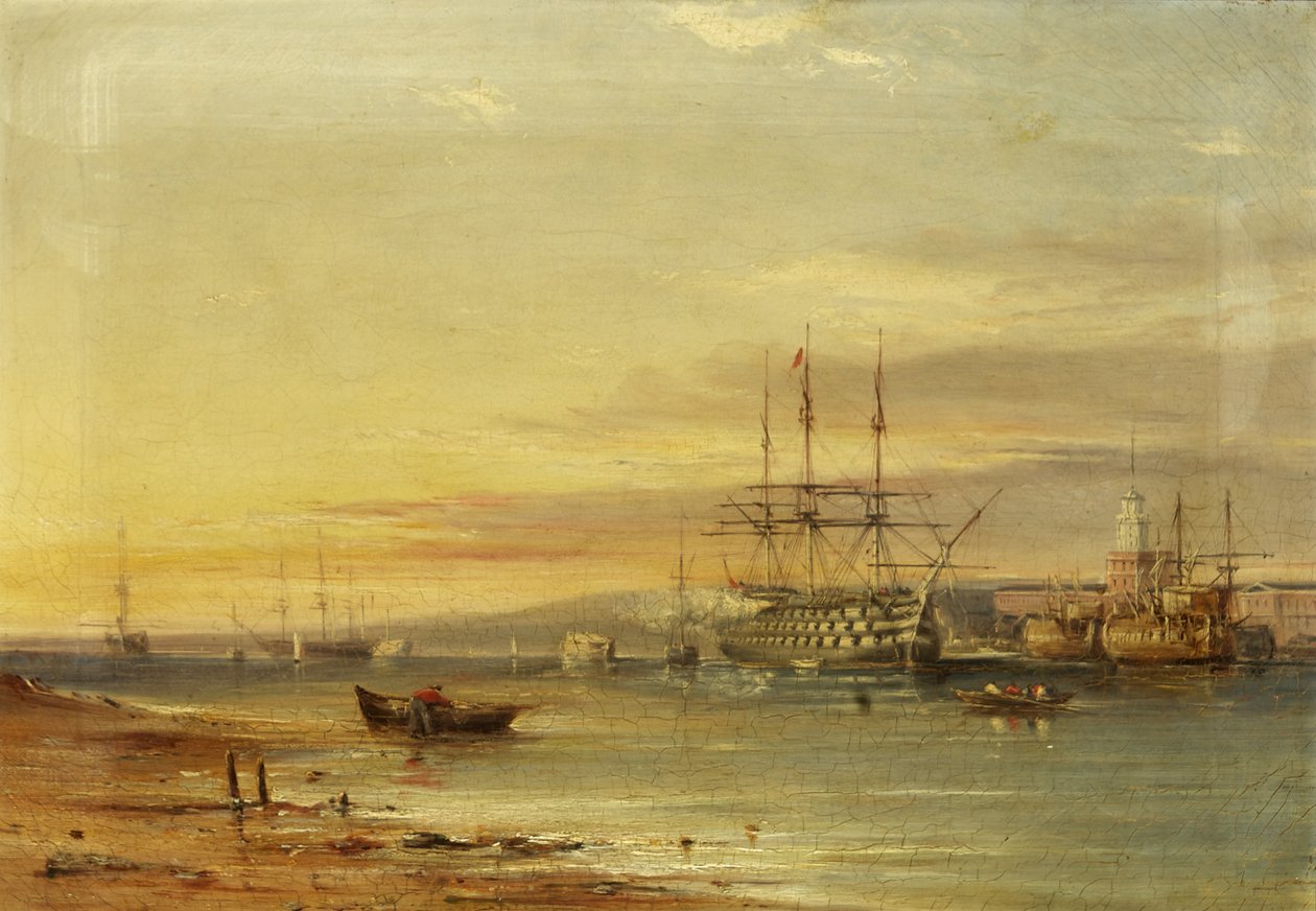 Pohled na přístav Portsmouth, zobrazující H.M.S. 