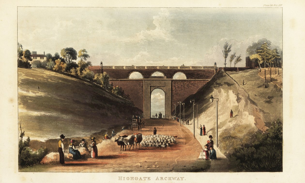 Pohled na honáče, kteří vozí dobytek a ovce na Smithfield Market pod obloukem na Highgate Hill od British School