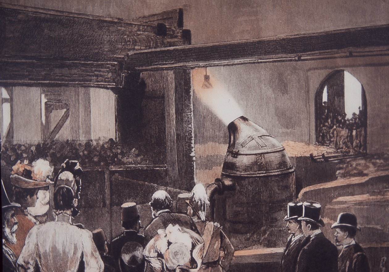 Návštěvníci sledující Bessemer Steel Process ve slévárně John Brown and Co od British School