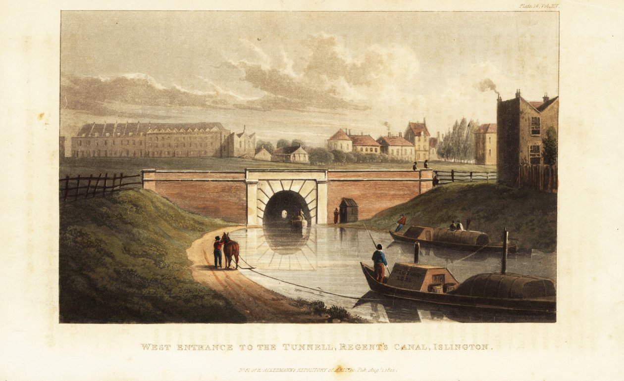 Západní portál do Islingtonského tunelu s koněm tahajícím člun podél Regent’s Canal od British School