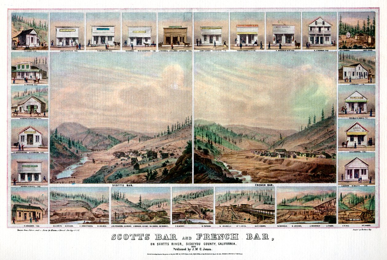 Scotts Bar a French Bar, na řece Scotts, Siskiyou County, Kalifornie, 1856 1937. od Britton and Rey