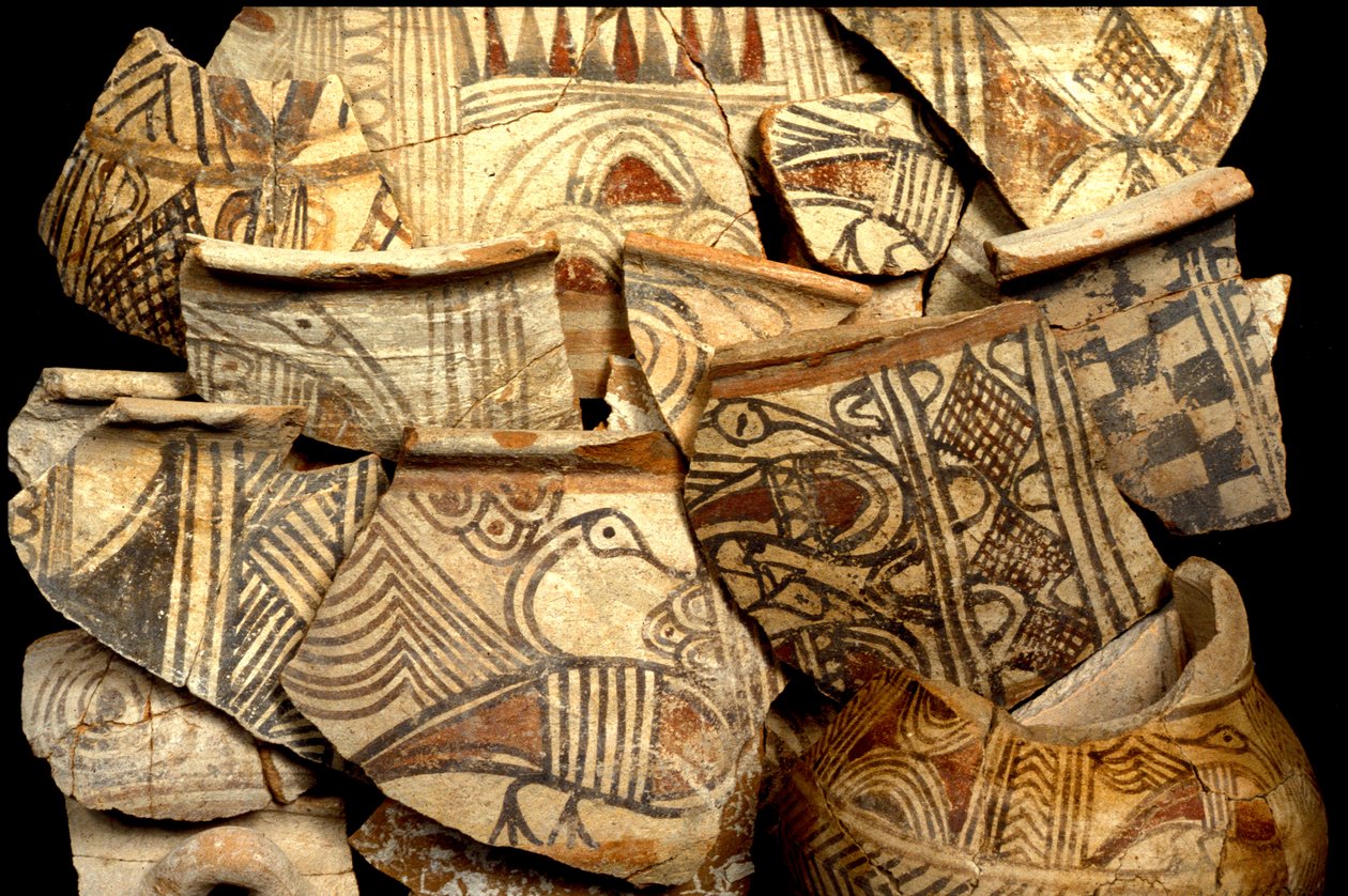 Pelištejská keramika zdobená typickými barevnými vzory ryb a ptáků, z Tel Kasil, Izrael, cca 1099-900 př. n. l. (keramika) od Bronze Age
