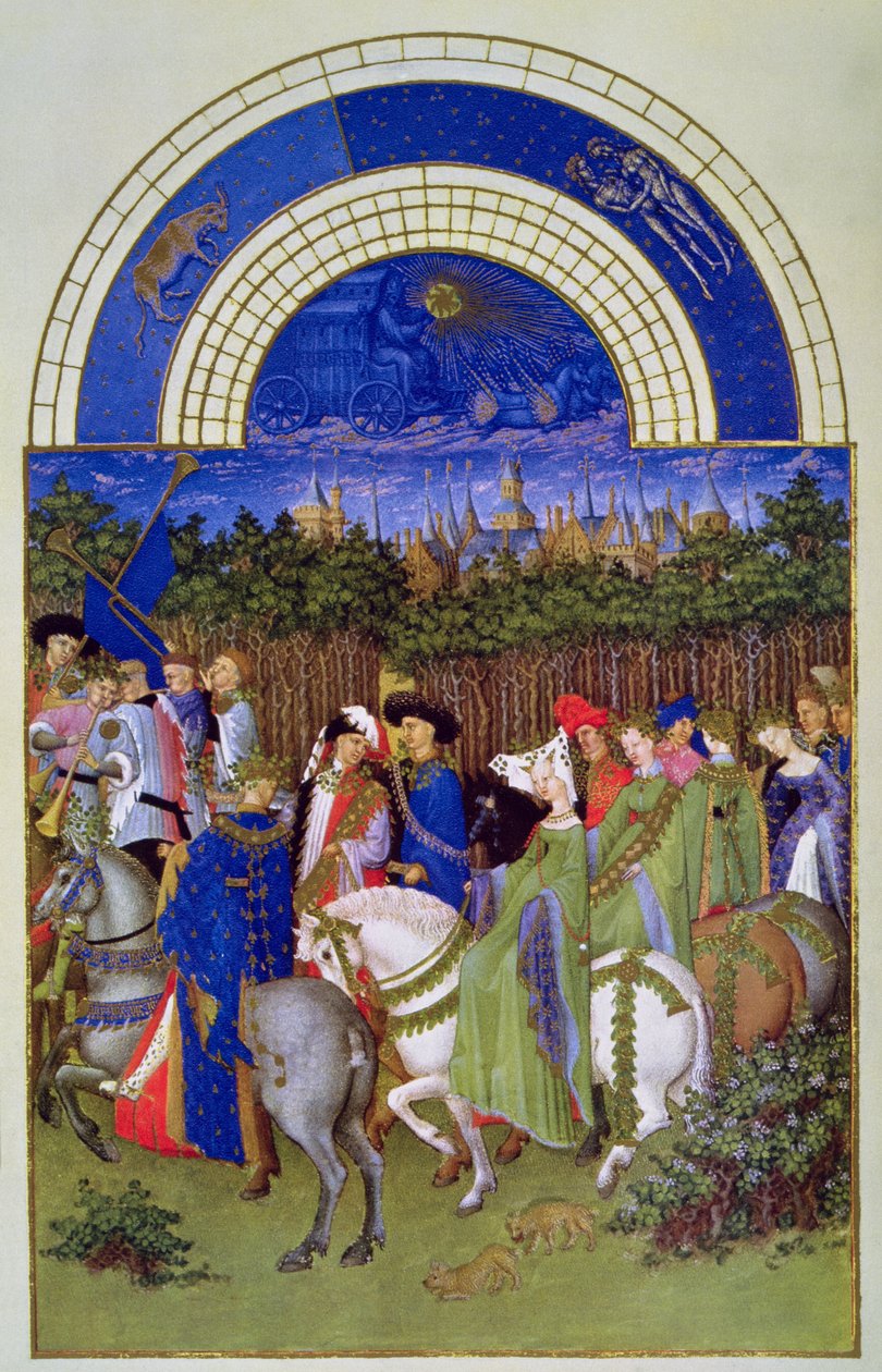 Faksimile května: Dvorní figurky na koni, z „Les Tres Riches Heures du Duc de Berry“ (vellum) (originál viz 8437) od Brothers Limbourg