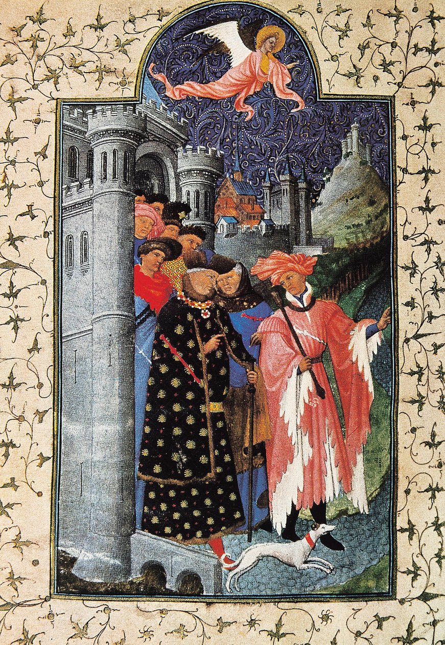 Vévoda Jean de Berry (1340-1416) a jeho správce majetku. Miniatura od Jeana Limbourga (1370-1416) pro "The Tres Riches Heures du Duc de Berry"" kolem roku 1440 v Paříži. B.N. od Brothers Limbourg