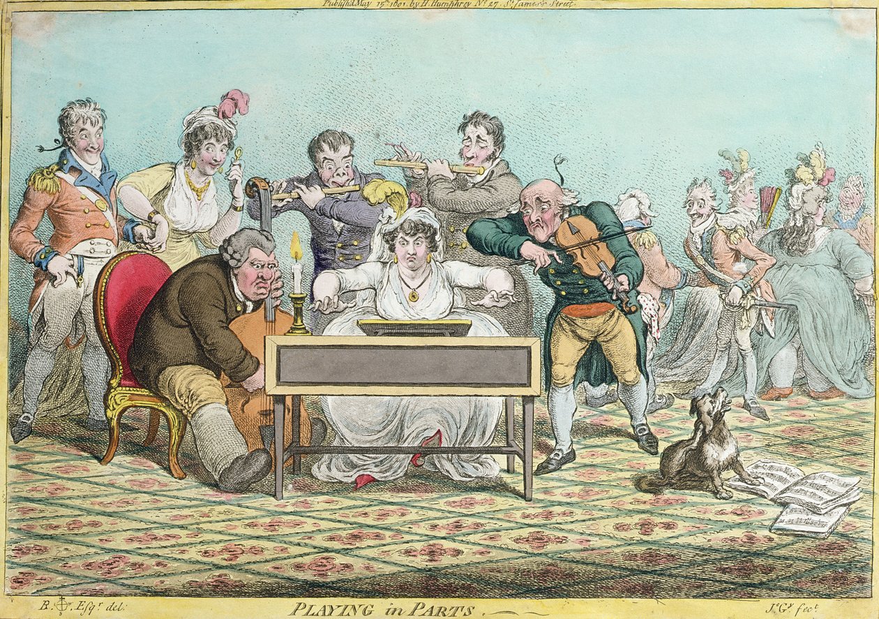 Playing in Parts, leptané Jamesem Gillrayem (1757-1815) vydané Hannah Humphrey v roce 1801 (ručně kolorovaný lept) od Brownlow North