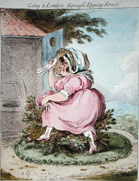 Cesta do Londýna přes Epping Forest, leptaná Jamesem Gillrayem (1757-1815), vydaná Hannah Humphrey v roce 1802 (ručně kolorovaný lept) od Brownlow (after) North