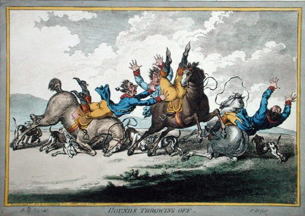 Hounds Throwing Off, leptané Jamesem Gillrayem (1756-1815) vydané Hannah Humphrey v roce 1800 (ručně kolorovaný lept) (viz také 191238) od Brownlow (after) North