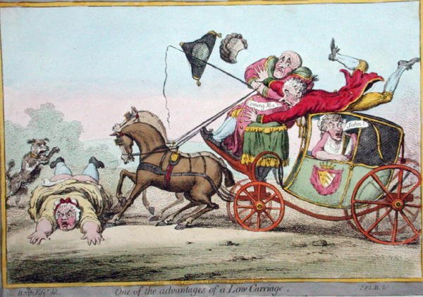 Jedna z výhod Low Carriage, kterou vydala Hannah Humphrey v roce 1801 (ručně kolorovaný lept) od Brownlow (after) North