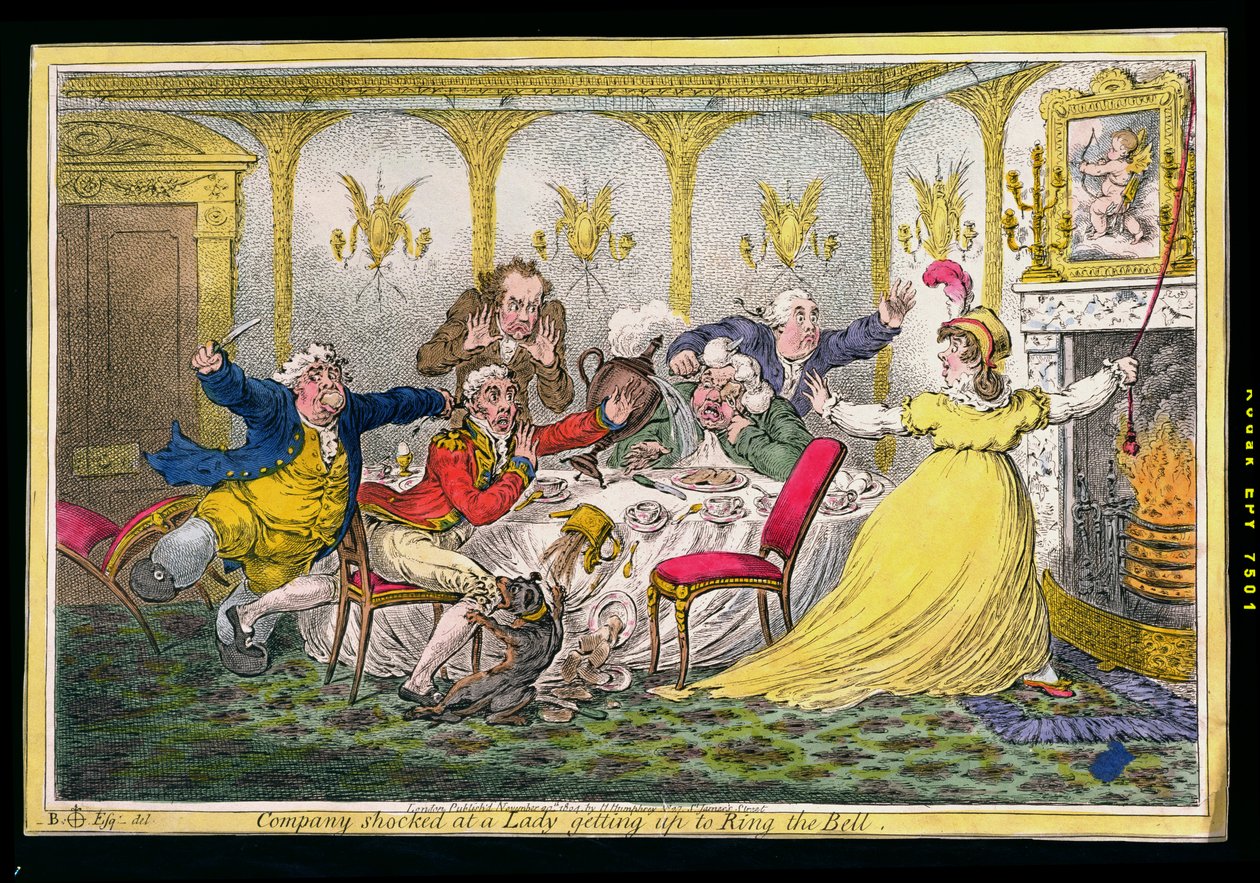 Company šokovala Dáma vstávající do Ring the Bell, vyleptané Jamesem Gillrayem (1756-1815) vydané Hannah Humphrey v roce 1804 (ručně kolorovaný lept) od Brownlow North