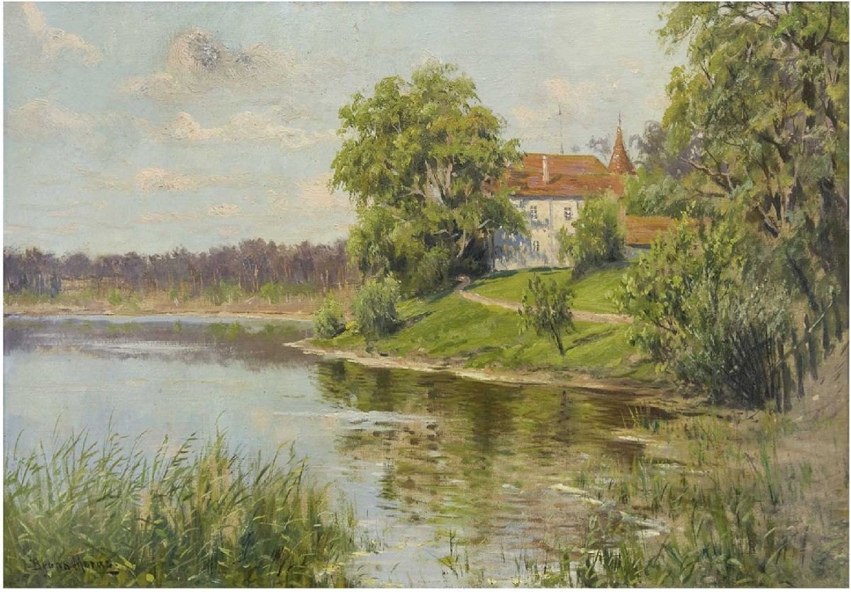 Pohled na jezero s Pfarrhausnem Němec: Pobřežní krajina s malými farními kostely Němčina: Haus am Wannseen od Bruno Moras