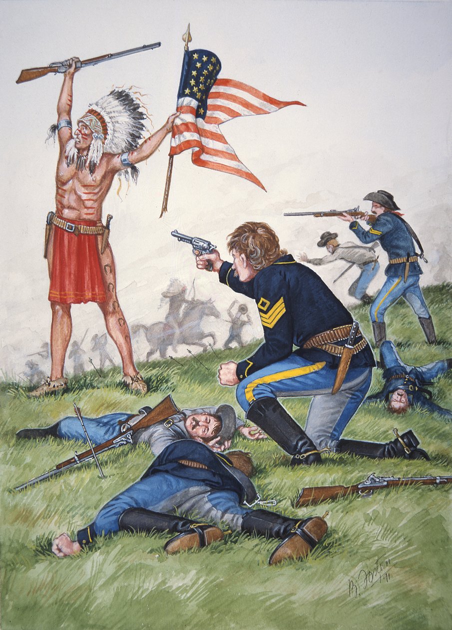 Siouxský bojovník proti 7. pluku americké kavalerie v bitvě u Little Bighornu, 25. června 1876, ze souboru šesti obrazů od Bryan Fosten