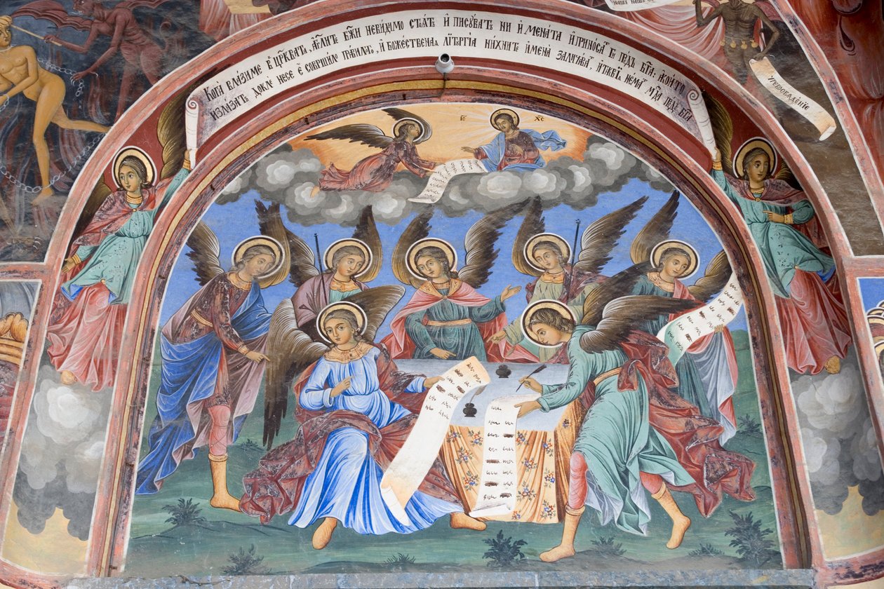 Bulharsko, Rilský klášter, freska anděla v kostele Narození Panny Marie od Bulgarian School