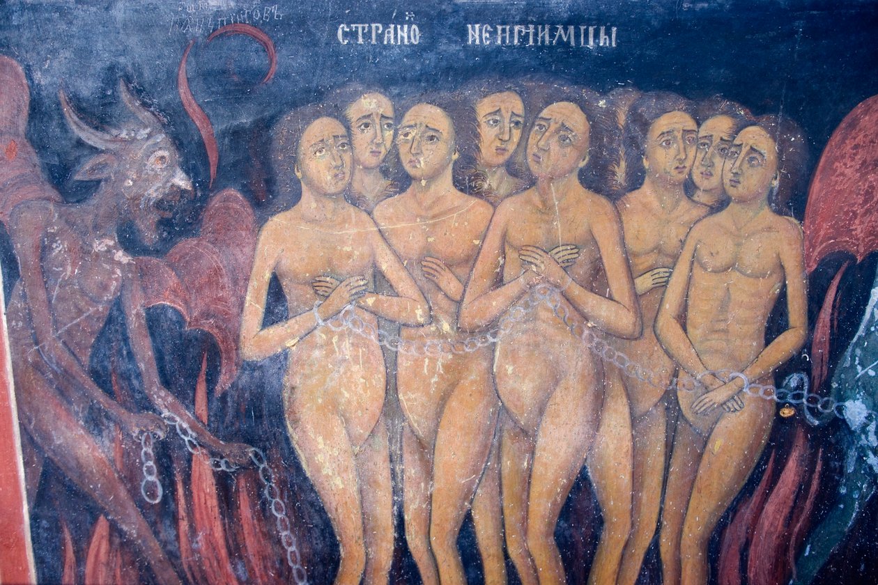 Bulharsko, Rilský klášter, freska v kostele Narození Panny Marie od Bulgarian School