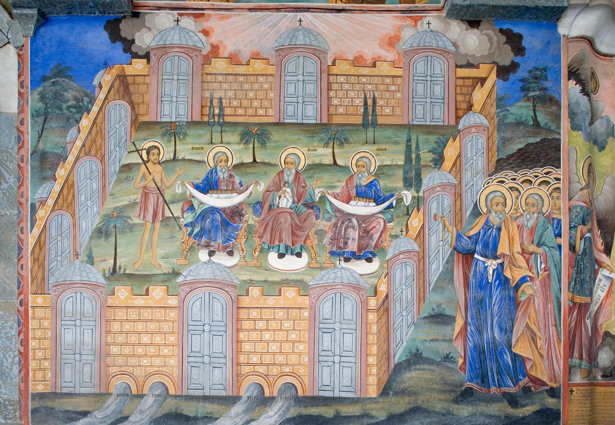 Bulharsko, Rilský klášter, freska v kostele Narození Panny Marie od Bulgarian School
