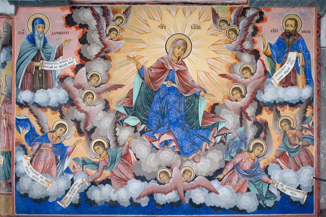 Bulharsko, Rilský klášter, freska Sláva Panny Marie v kostele Narození Panny Marie od Bulgarian School
