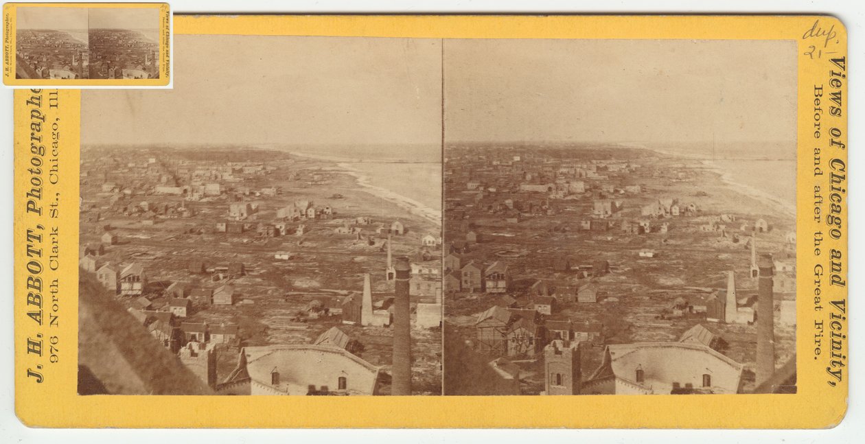 Stereograf pohledu na sever z Water Tower po požáru v Chicagu v roce 1871, 1871 (černobílá fotografie na držáku karty) od Burke and Koretke Burke and Koretke