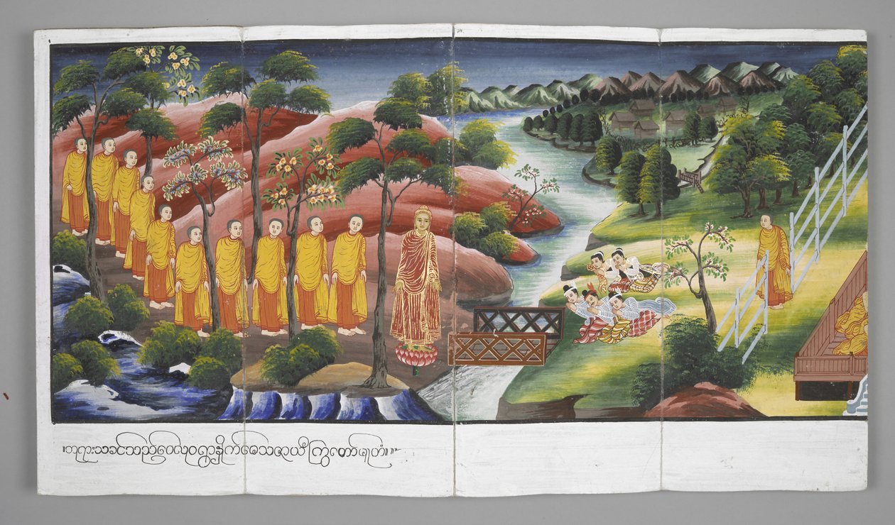 Nebo. 13534, f.23 Mniši překračující řeku, Scény ze života Buddhy (pergamen) od Burmese School