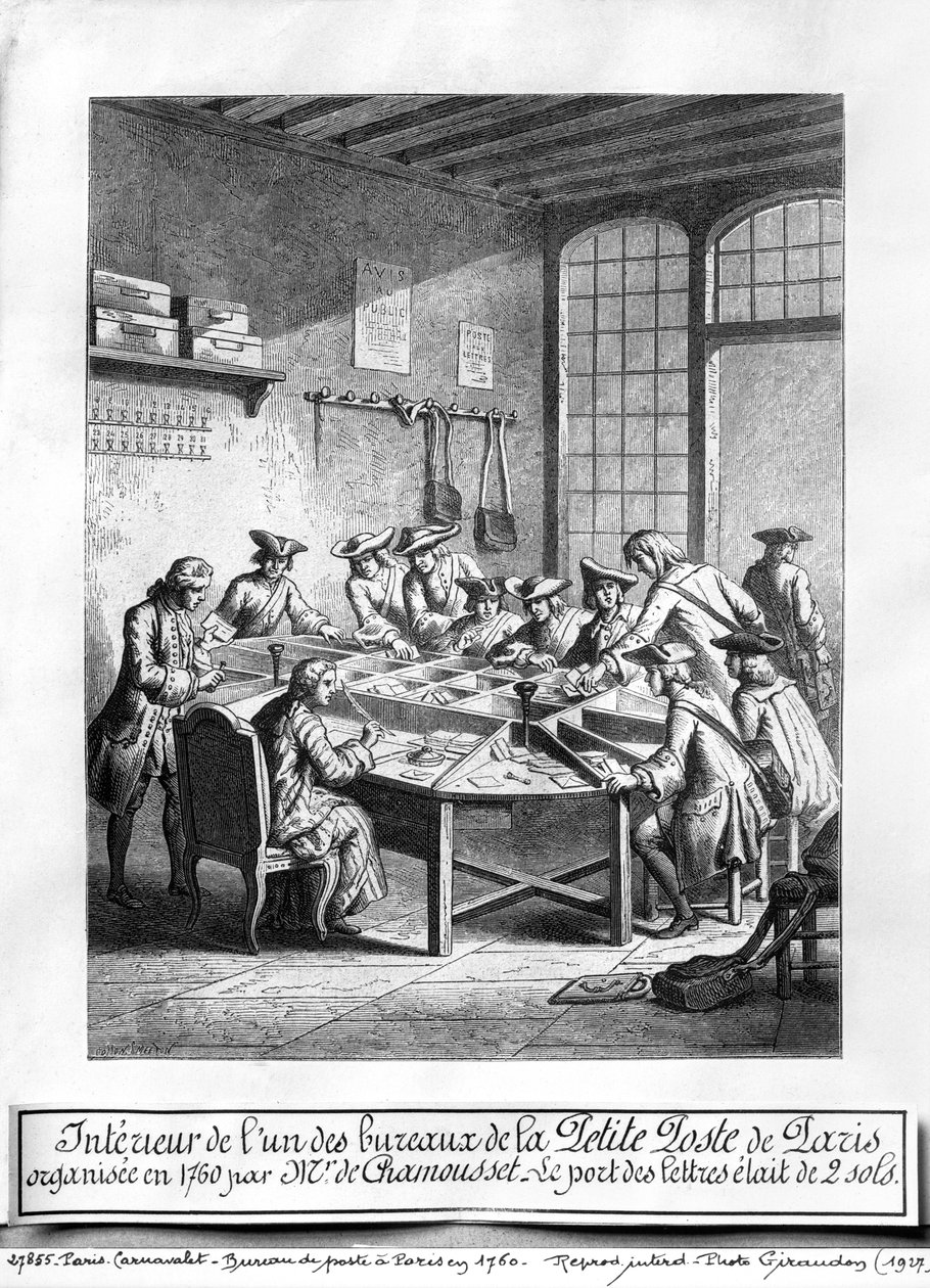 Interiér Malé pošty v Paříži v roce 1760 od Burn Smeeton