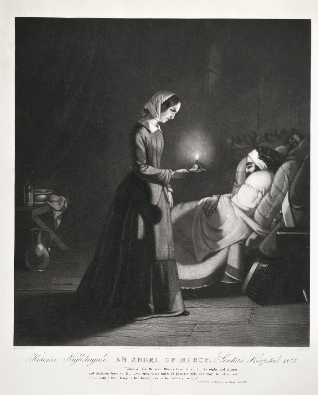Florence Nightingale, Anděl milosrdenství, nemocnice Scutari, vyryto Tomkinsem, 1855 od Butterworth