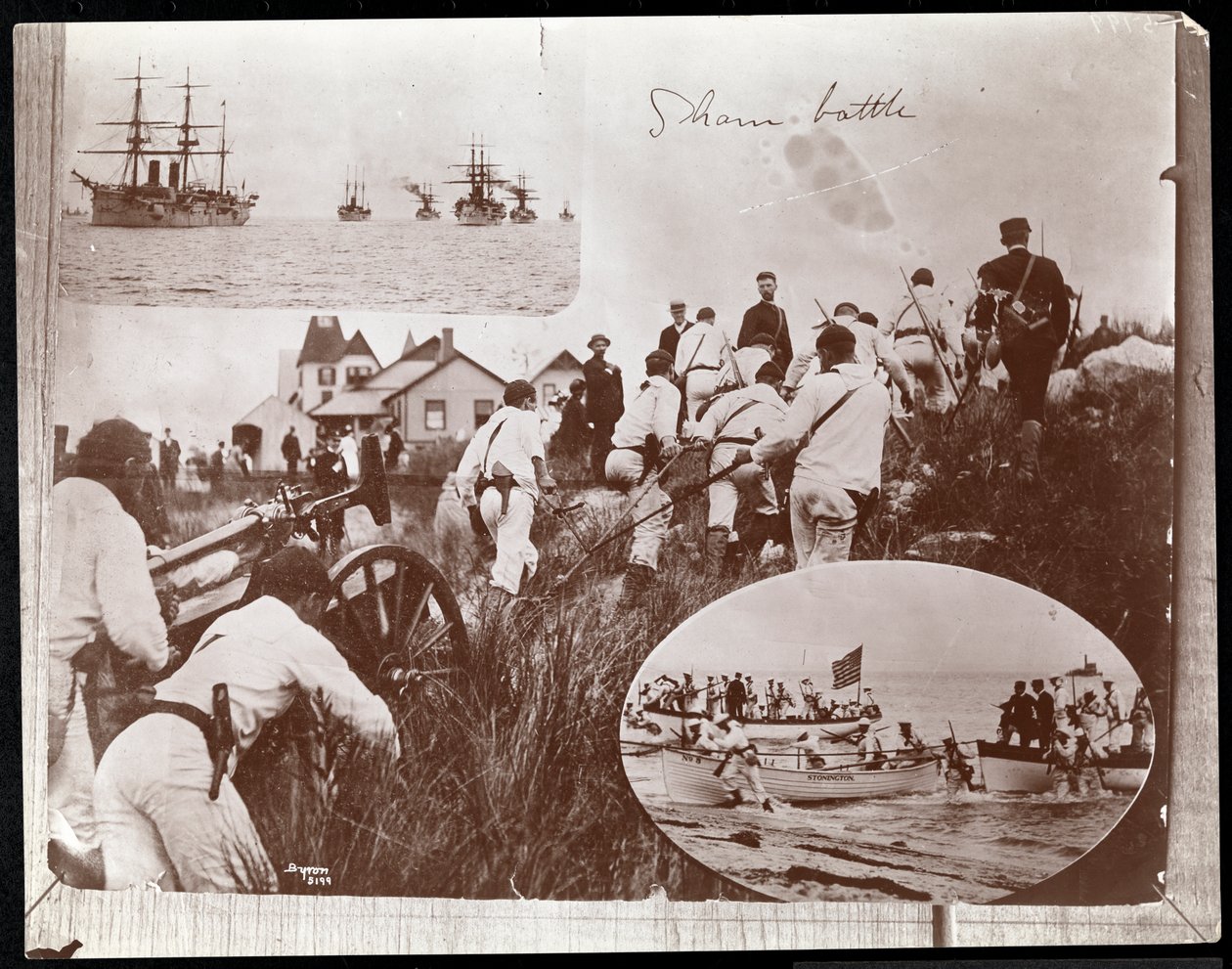 Kopie fotografie dřívější fotomontáže tří snímků námořních rezervací na Fishers Island, 1891 (fotografický tisk) od Byron Company