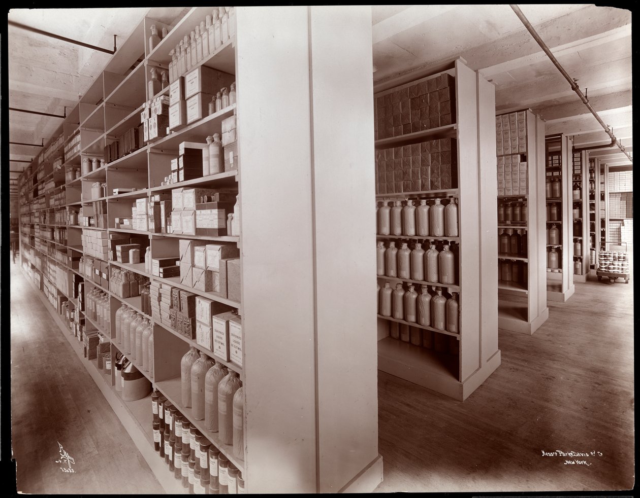 Vnitřní pohled na sklad chemikálií v Parke, Davis und Co., chemici, Hudson und Vestry Streets, New York, 1910 (potisk stříbrné želatiny) od Byron Company