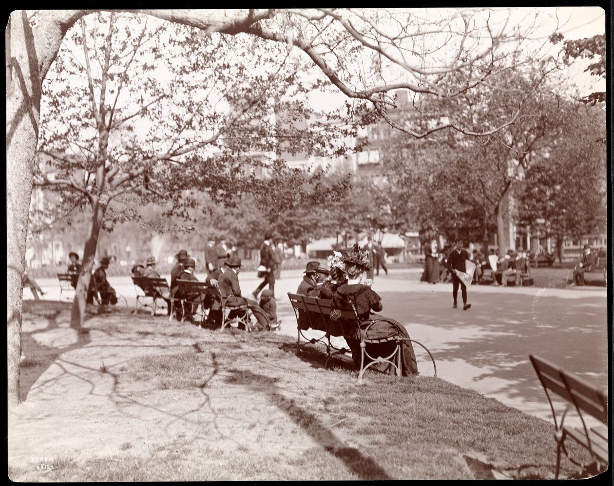 Lidé na lavičkách v parku na Union Square, New York, 1898 (stříbrný želatinový tisk) od Byron Company