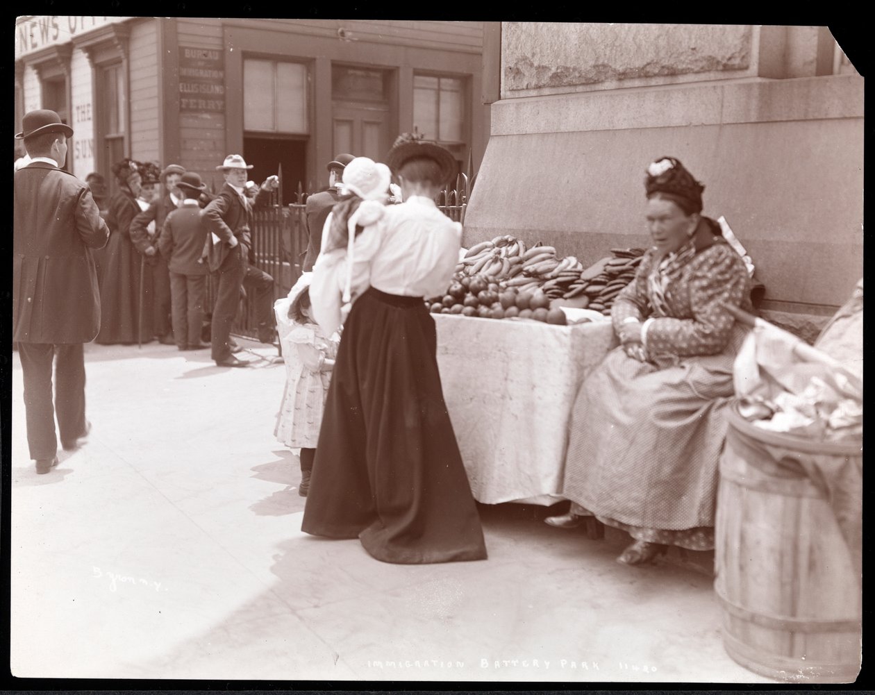 Pohled na obchodníka s ovocem v Battery Parku, pravděpodobně čekajícího na imigranty z Ellis Island, New York, kolem roku 1901 (stříbrný želatinový tisk) od Byron Company