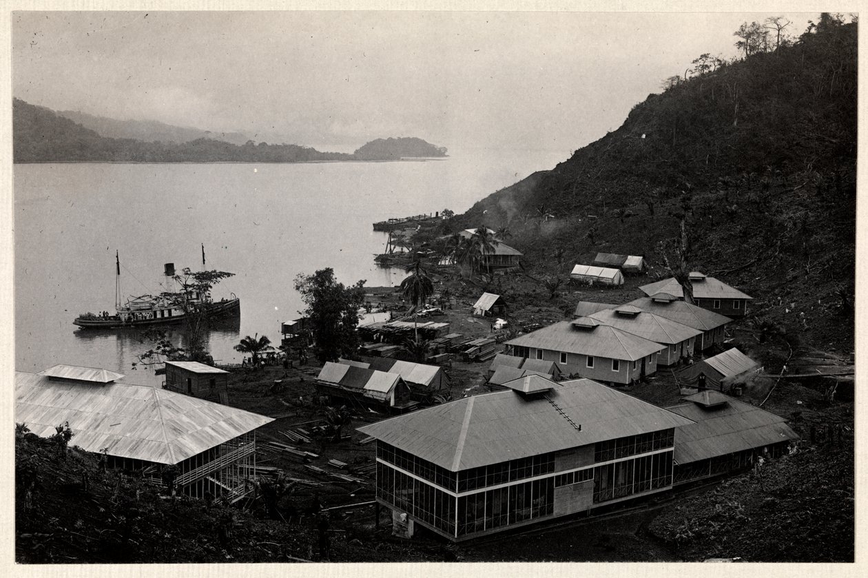 Pohled na skupinu budov u velké vodní plochy při stavbě Panamského průplavu, 1912 nebo 1913 (stříbrný želatinový tisk) od Byron Company