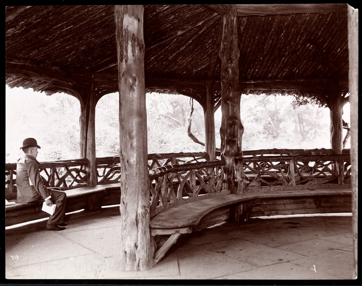 Pohled na muže sedícího v rustikálním krajinném pavilonu v Central Parku, New York, 1895 (stříbrný želatinový tisk) od Byron Company