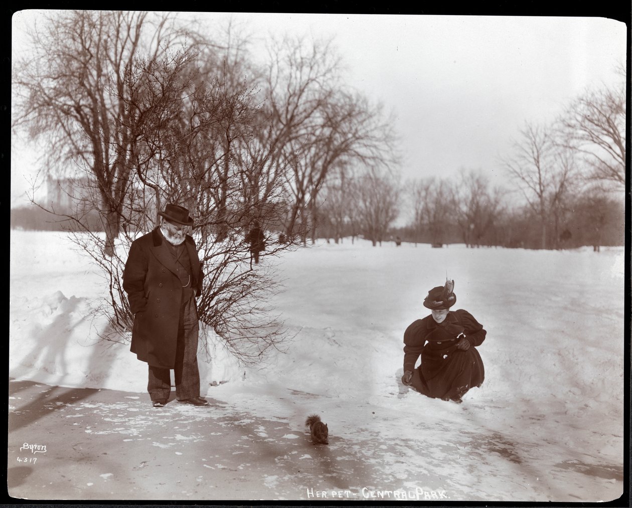 Pohled na ženu krmící veverku, zatímco muž se dívá na sníh v Central Parku, New York, 1898 (potisk stříbrnou želatinou) od Byron Company