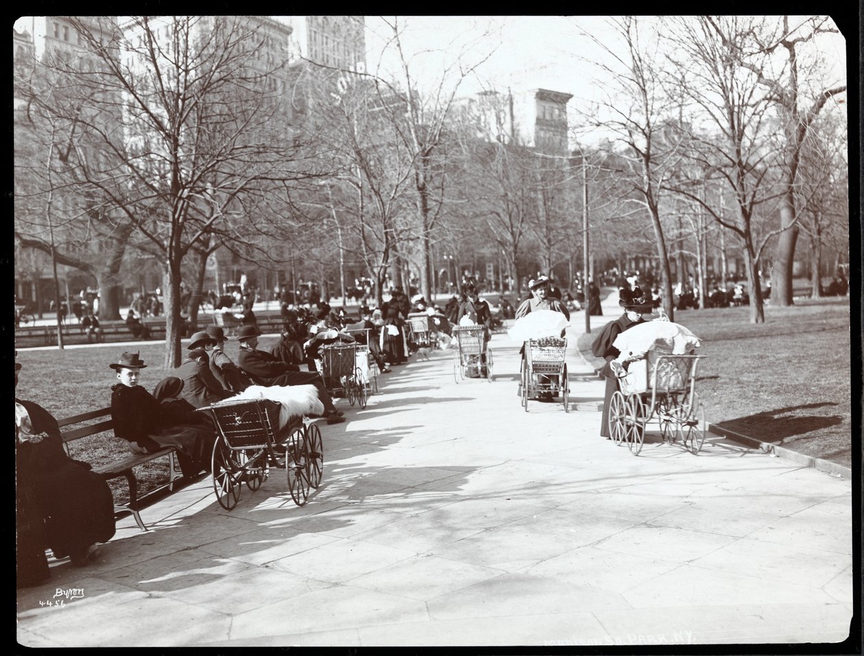 Pohled na ženy s dětskými kočárky v Madison Square Park, New York, 1901 (stříbrný želatinový tisk) od Byron Company