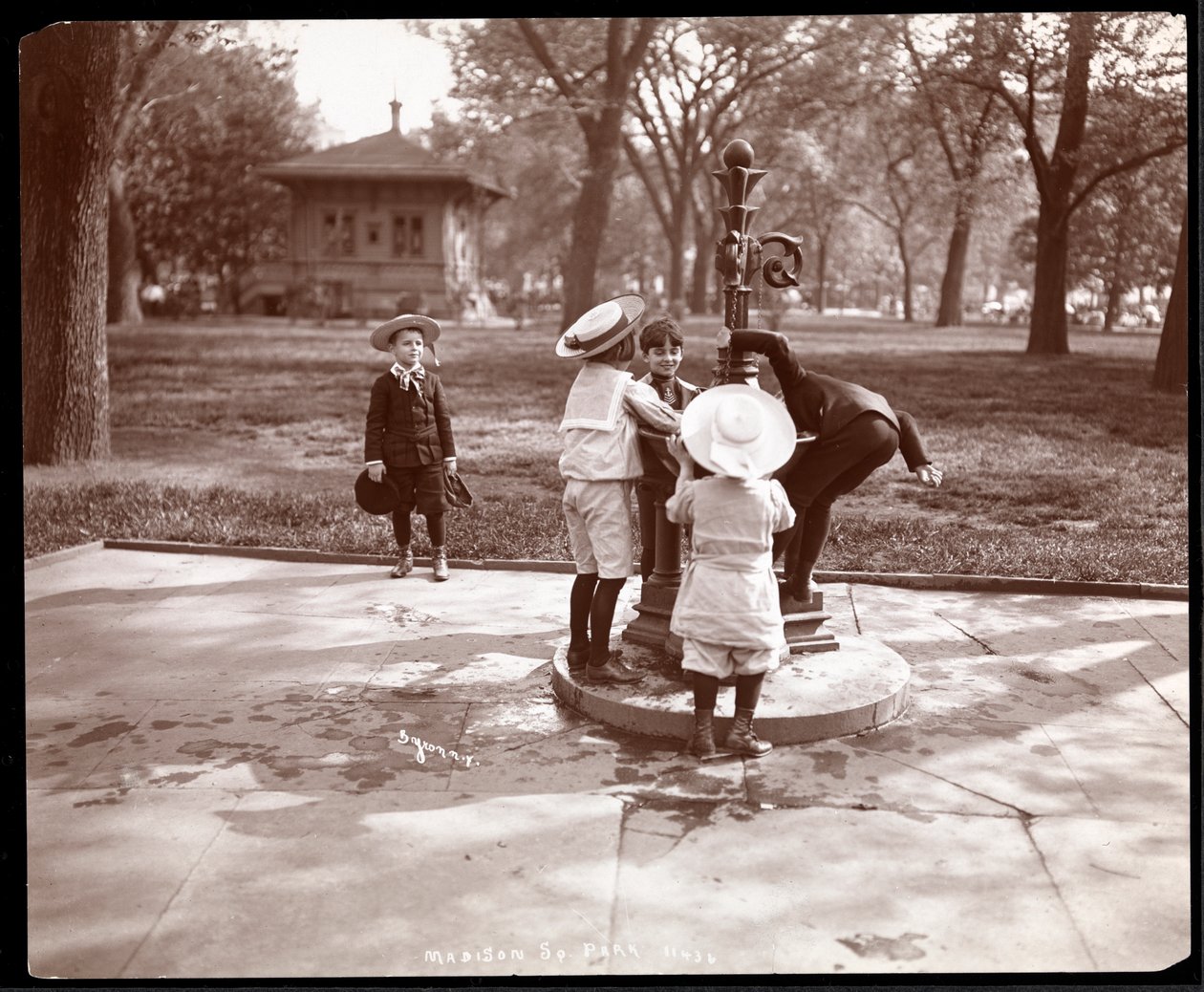 Pět dětí, které si hrají a pijí u fontány na Madison Square, New York, 1901 (potisk stříbrné želatiny) od Byron Company