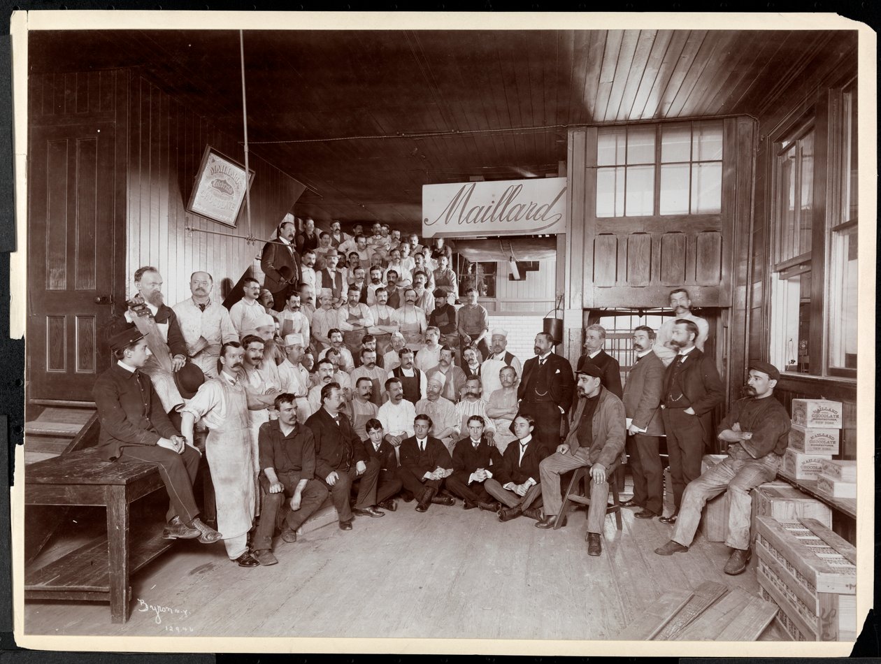 Skupinový portrét mužů, pravděpodobně s panem Maillardem, v Maillardově čokoládovně, 116-118 West 25th Street, New York, 1902 (stříbrný želatinový tisk) od Byron Company