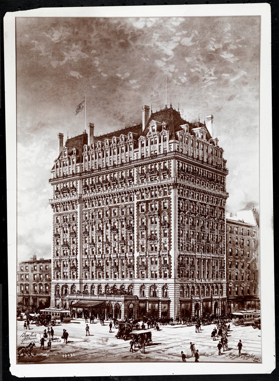 Fotografie kresby hotelu Knickerbocker, jihovýchodní roh, 42nd Street a Broadway, New York, 1900, Hughson Frederick Hawley (1850-1936), vytištěno v roce 1902 od Byron Company