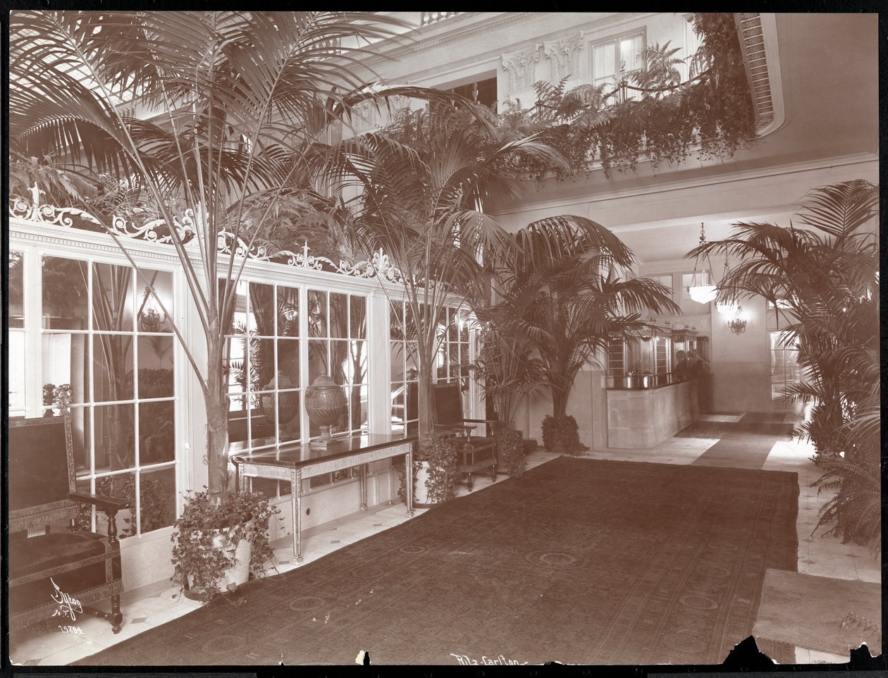 Vstupní hala a registrační přepážka v hotelu Ritz-Carlton, kolem 1910-11 (stříbrný želatinový tisk) od Byron Company