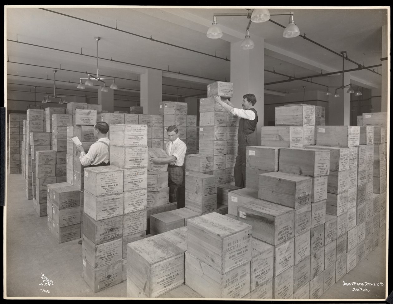 Pohled na muže v expediční místnosti v Parke, Davis und Co., chemiky, Hudson und Vestry Streets, New York, 1910 (stříbrný želatinový tisk) od Byron Company
