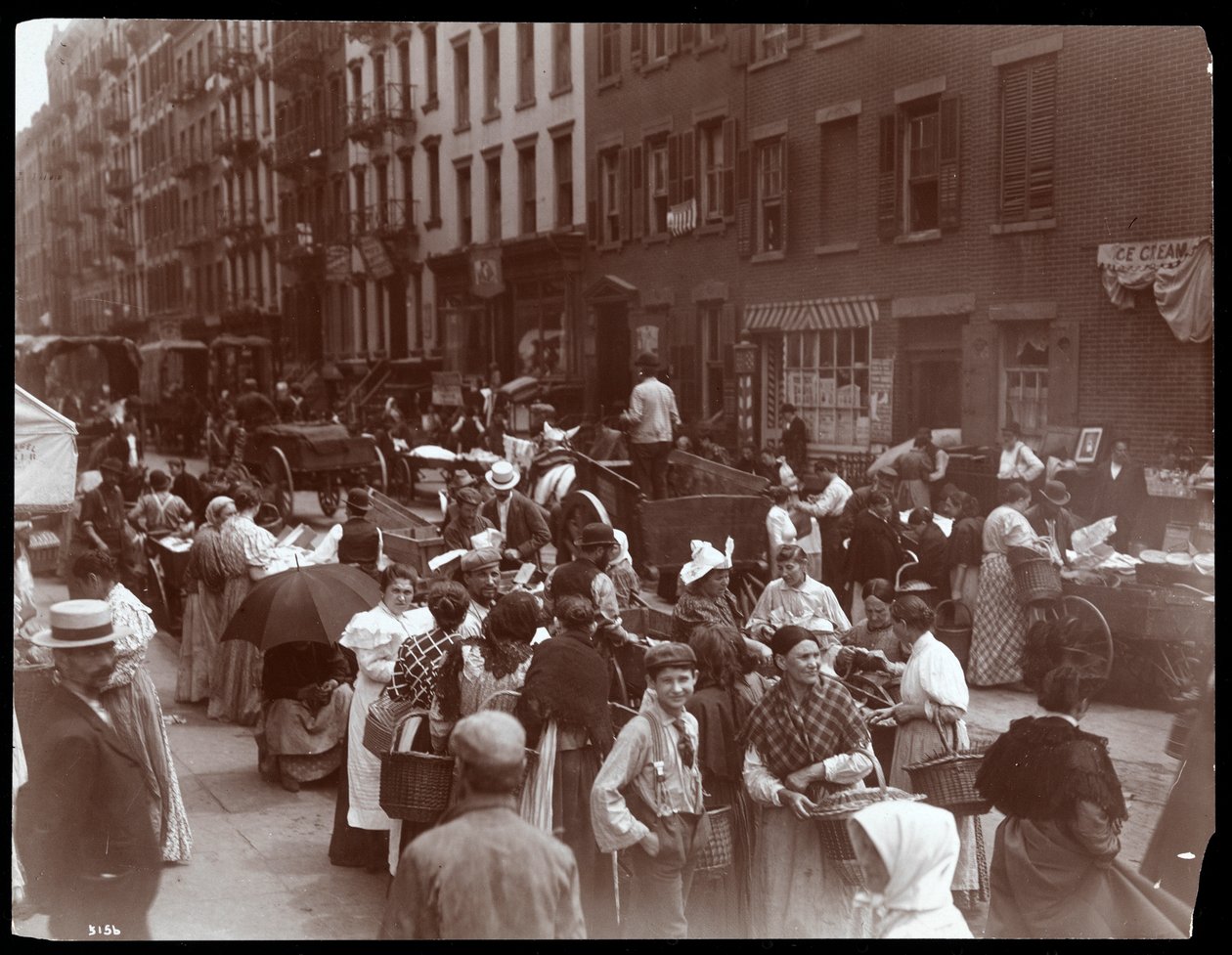 Pohled na dav a obchodníky na Hester Street, New York, 1899 (stříbrný želatinový tisk) od Byron Company